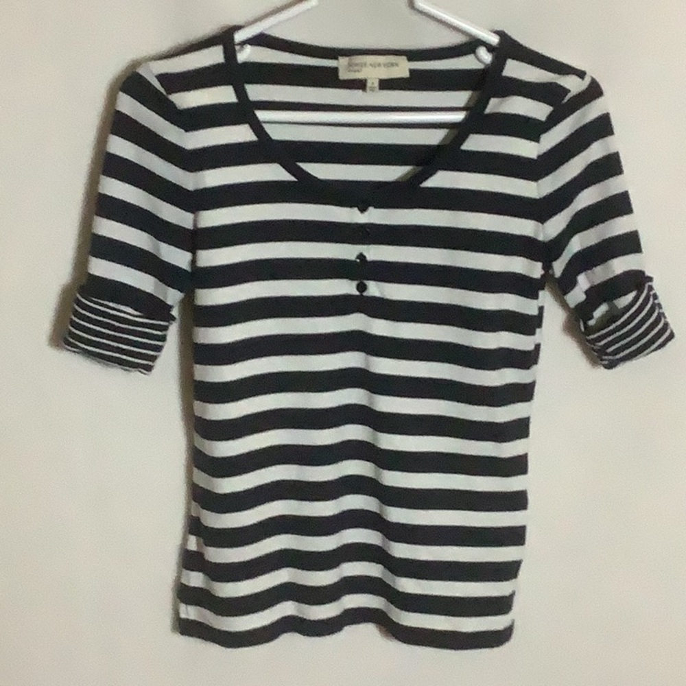 Jones New York Dark Blue and White Striped Short Sleeved Top